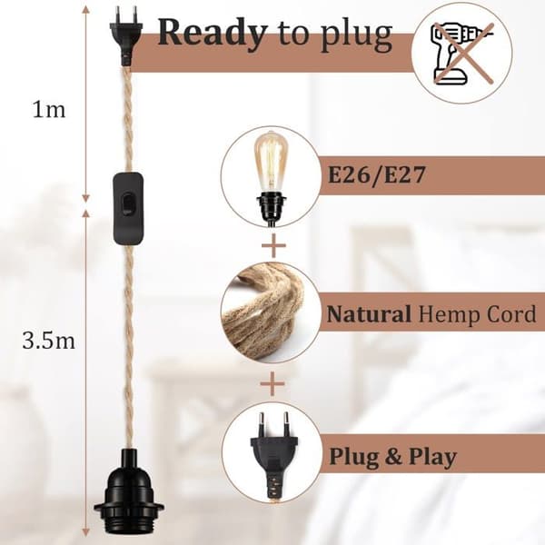 Hamptov Lysekrone Kabel 4,5m, E27 Fatning Afbryder med Ledning Pære, Til Gør-det-selv Pendellampe