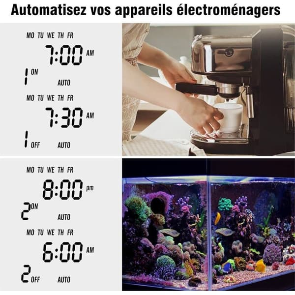 Programmerbar digital stikkontakt-timer – 5,7 cm LCD-skjerm – Tyverisikring med tilfeldig modus – 10 PÅ-AV-programmer – Energisparing