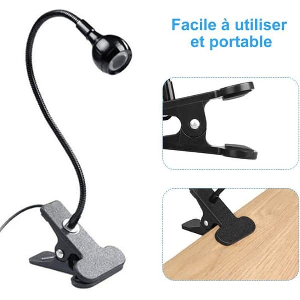 UV-gellampa, 3W, 32cm svanhals, 7cm klämma, USB-driven, nagellackstork