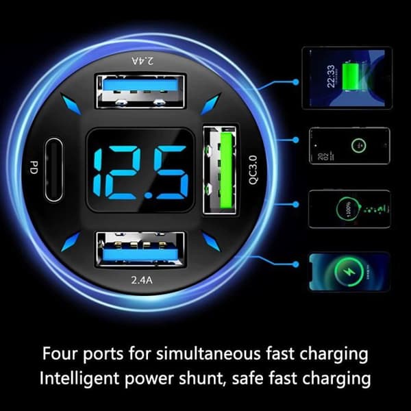 66W Hurtig Biloplader USB PD QC3.0 med LED Voltmeter til iPhone Samsung iPad