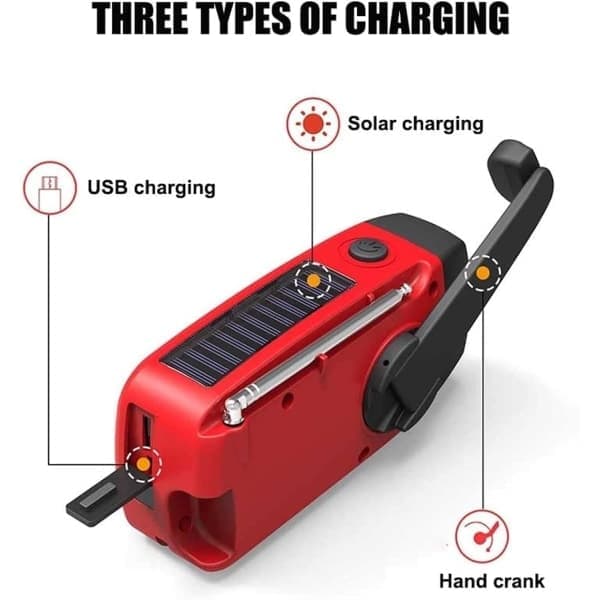 Håndsvingradio med solceller og lommelygte - 2000mAh Powerbank - Sort