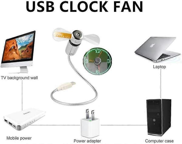 LED USB-klockfläkt med realtidsvisningsfunktion, USB-klockfläktar, silver, 1 års garanti (klocka)