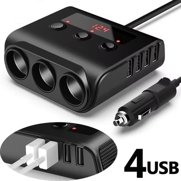 Cigarettænder splitter + 12V USB biloplader med afbryder og voltmeter – 3x cigaretstik – 4x USB – Biltilbehør