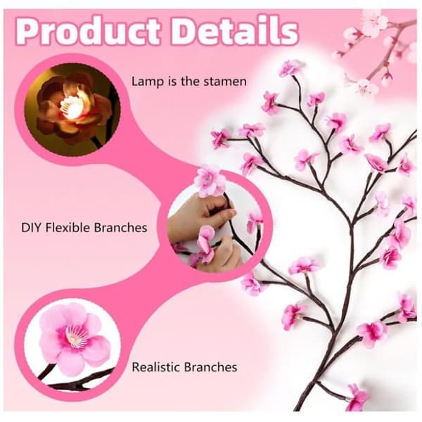 Kirsebærblomst lyslenke, kirsebærblomstgrenformet lampe - 96 LED Sakura veggdekorasjon, 8 moduser &