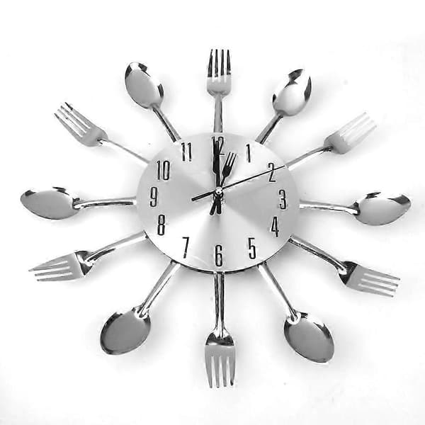 Modern Unik Aluminium Sked Gaffel Klocka Bestick Kök Väggklocka Silver