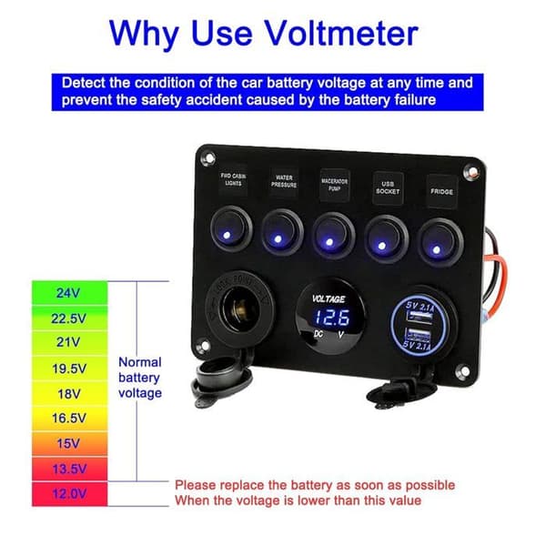 5-gang vippekontaktpanel, vippekontaktpanel, elpanel til båd/bil, vandtæt, 12V/24V