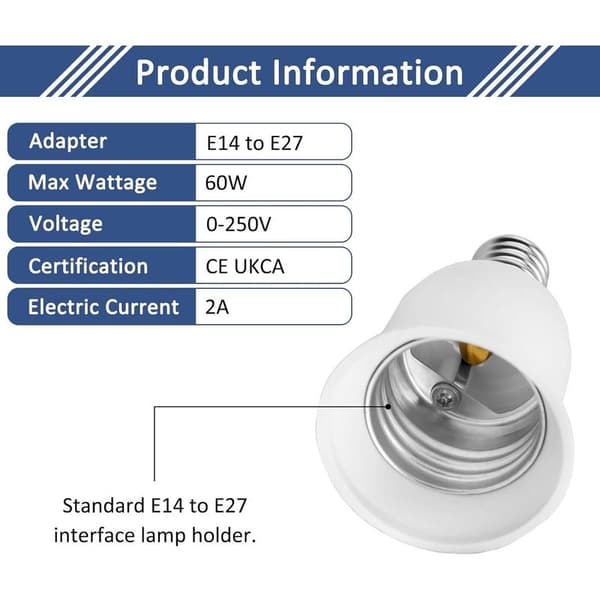 E14 til E27 fatningsadapter, SES til ES fatningskonverter, 0-250V, til E27 pærer, LED pærer, glødepærer, halogenlamper, CFL lamper, pakke med 2