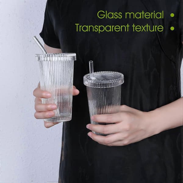 2 st 375ML Ribbade Klara Glasmuggar, Kall Kaffekopp med Lock och Sugrör Dricksglas Set