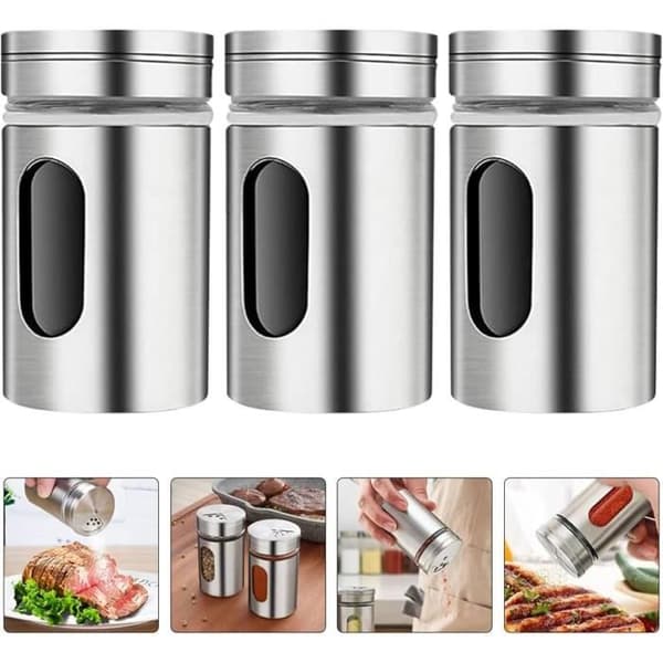 Kryddburkar - Rostfritt stål - Set om 3 - Modern design - Justerbart doseringssystem - Rostbeständigt
