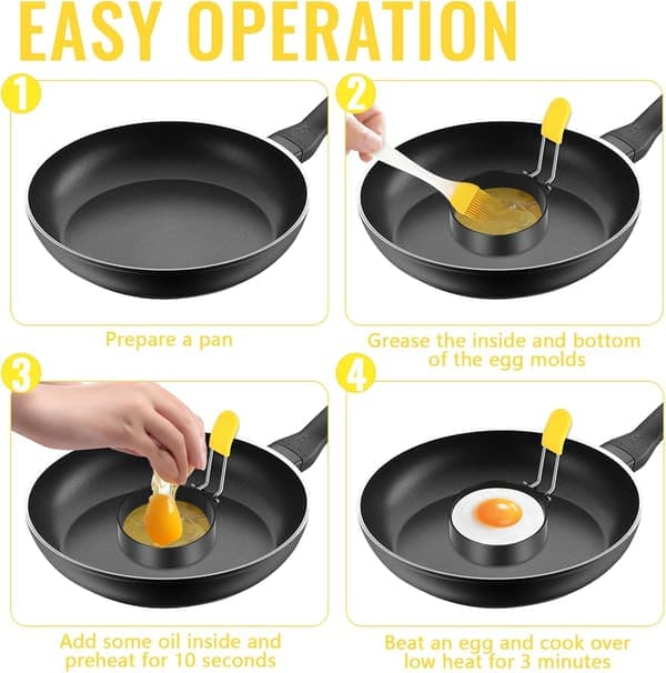4 stk non-stick eggeringer stekte eggeringer eggeringer i rustfritt stål med børste og lokk silikon anti-skålding for steking av egg