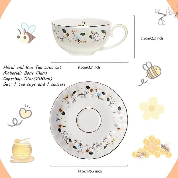 Blomsterbi Tekoppar och fat, Kaffe Benporslinsmugg 1 Set (1 Kopp och 1 tallrik)