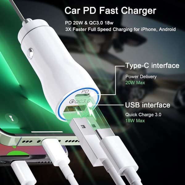Biloplader – 38W USB-C PD20W + QC3.0 med 1M kabel til iPhone 12/13/11/X & iPad