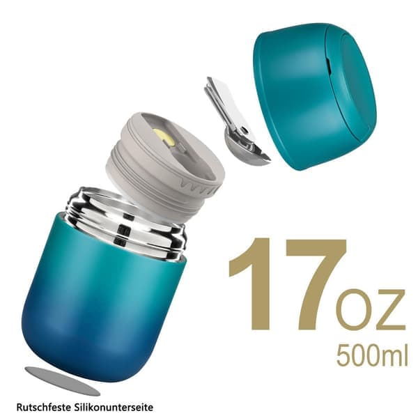 500 ml madkasse i rustfrit stål med foldbar ske, velegnet til varme måltider, termomadkasse til børn og voksne, ståltermos sort black