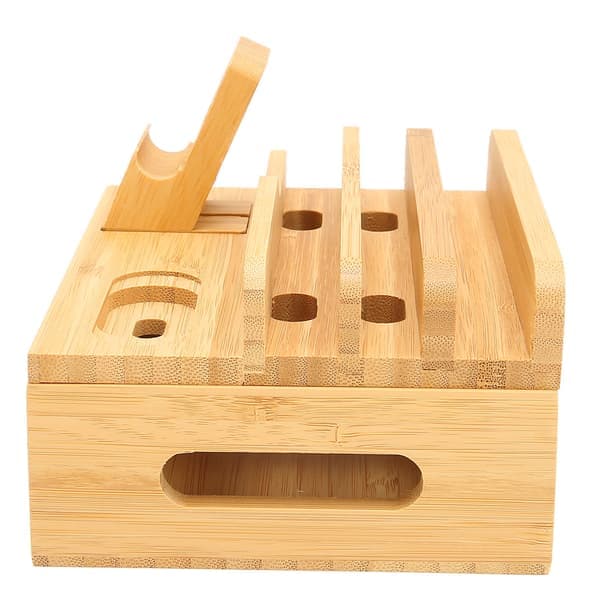 Monilaitteinen bambuinen latausasema puhelimelle, tabletille ja kellolle