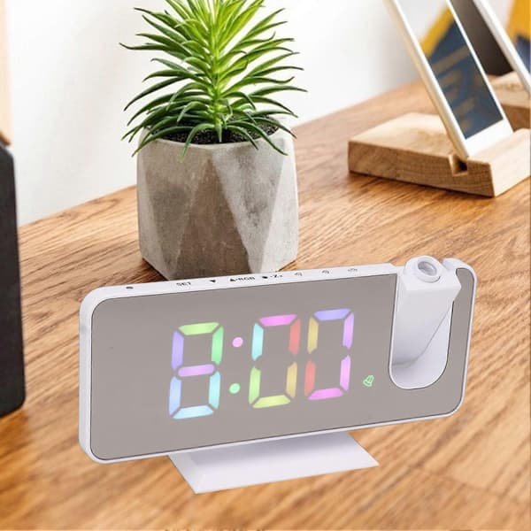 SSRGV Digital spegelklocka med stor display RGB färgglad gradientprojektionsväckarklocka för hem sovrum vit