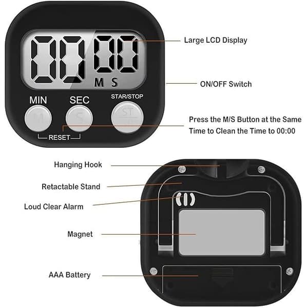 Set med 4 magnetiska kökstimer, högt larm, stor LCD-skärm, timer för barn, studier och matlagning