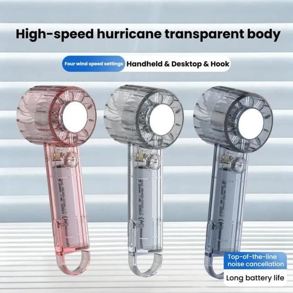 USB-uppladdningsbar spegelfläkt, mini bärbar utomhusfläkt med karbinhake (transparent vit)