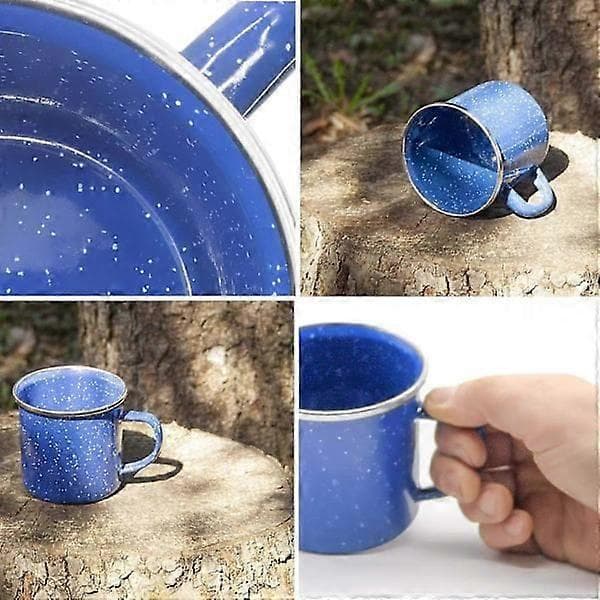 Emaljmugg, utomhusmugg, campingmugg, kaffemugg, metallmugg, klassisk, vacker design, blå med vita prickar 300ml