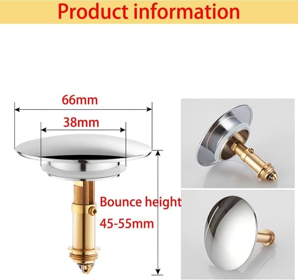 Diskbänkspropp, Push Pop-Up Click Clack-propp, Pop-Up-propp i mässing, Avloppspropp för köks- och badrumsdiskbänk, 66 mm
