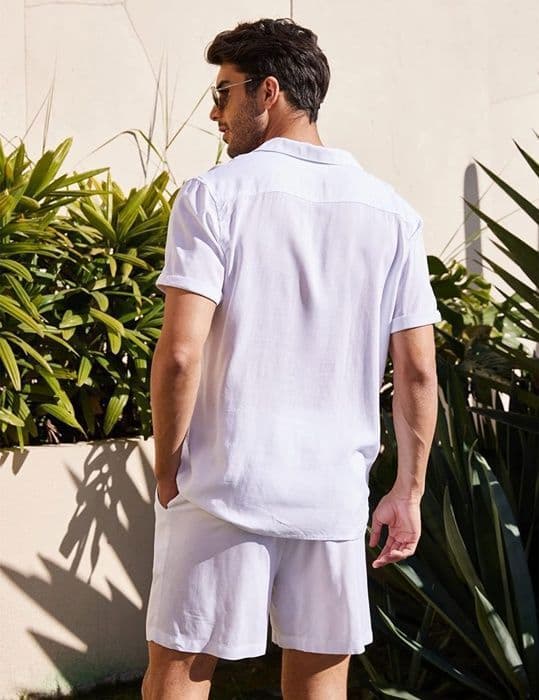 Herr 2-delat set, kortärmade skjortor och shorts, linneset - Vit L