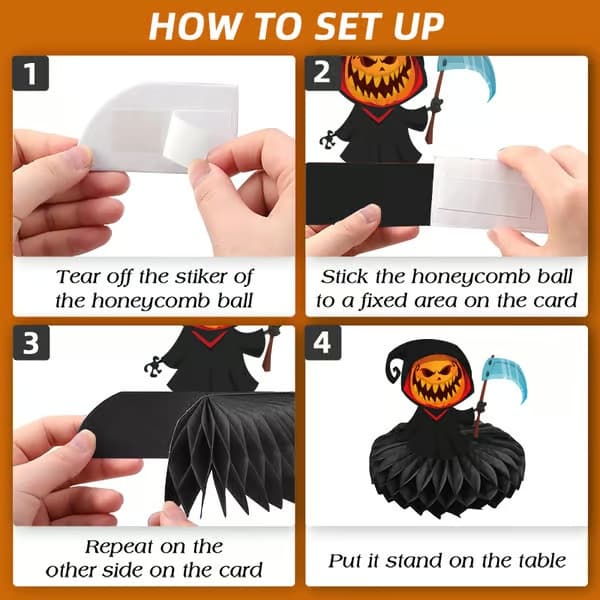 Halloween-prydnad med spindel, spöke, pumpa och fladdermus i bikakepapper