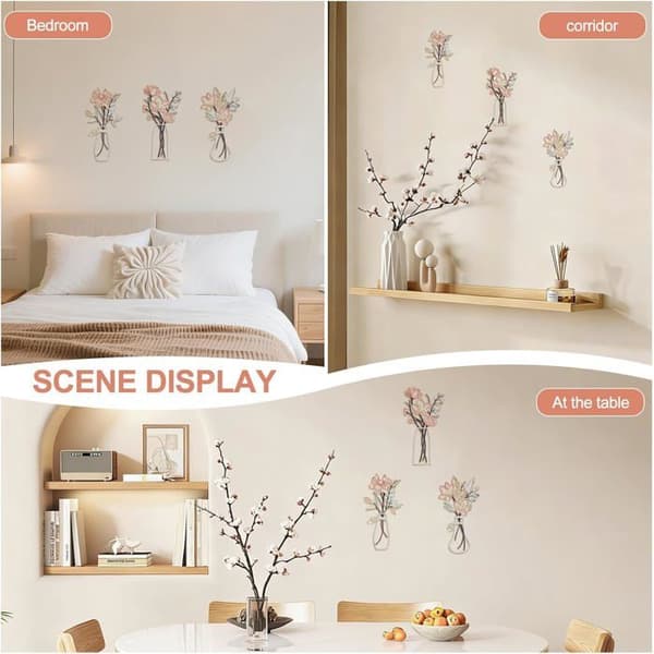 Set med 3 väggdekorationer, akryl, 3D-effekt, blommönster, vas, vardagsrum, sovrum