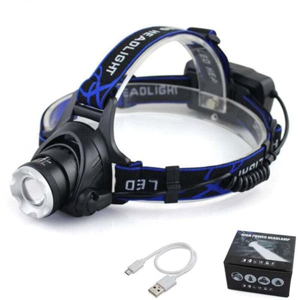 Oppladbar LED-hodelykt, 3000 lumen, 3 lysmoduser, IPX4 vanntett. USB-kabel og 2 x 18650 batterier inkludert.