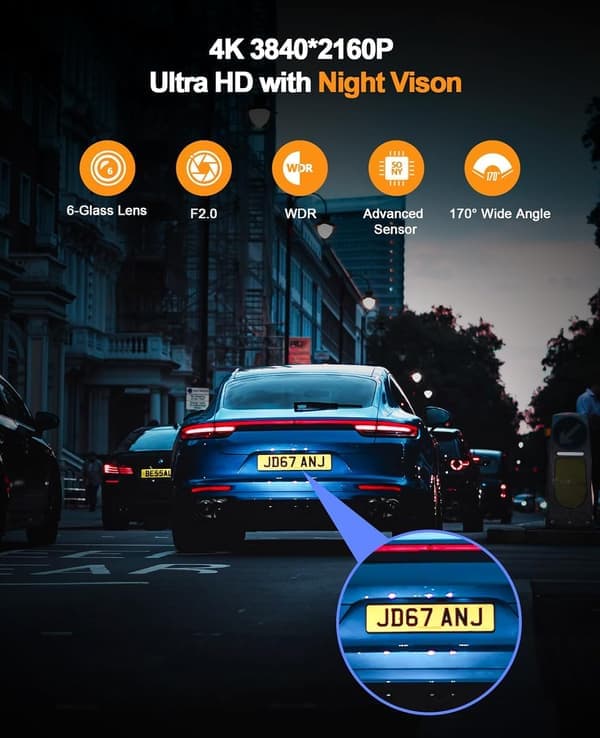 Dash Cam 4K WiFi – 2160P bilkamera med nattsyn, loop-opptak, G-sensor, 24H parkeringsmonitorering