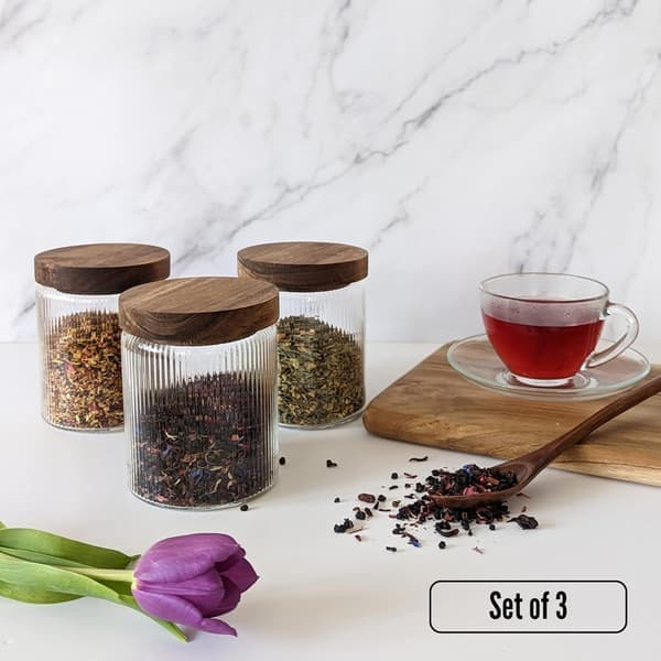 Glasburksset – 3-pack 500 ml räfflade lufttäta med trälock för te, kaffe och kryddor