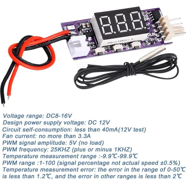 PWM Viftehastighetskontrollmodul, DC 12V 3A 4-leder PWM - PWM viftehastighetskontroll - Automatisk temperaturregulator - 3000mA NTC viftesensor