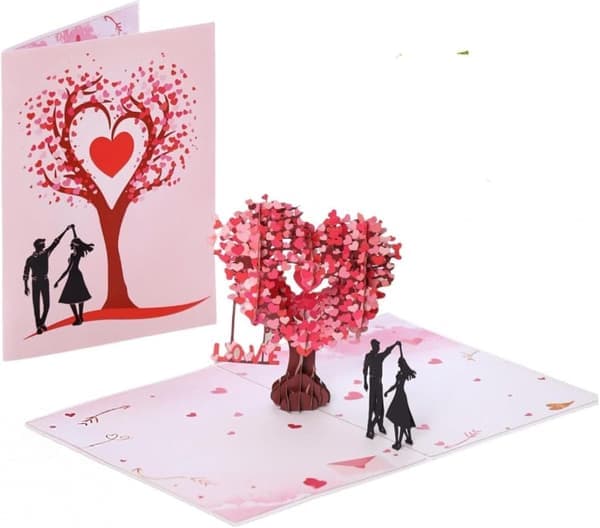 3D Pop-Up Kjærlighetskort – Danser under hjertetre, romantisk papirkutt for Valentinsdag og bryllup