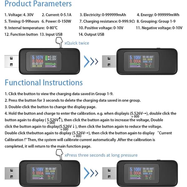 USB-tester Voltmeter Multimeter USB-spændingstester Spændingsstrømstester USB-strømmåler, Farvedisplay Voltmeter Amperemeter Spændingsstrøm