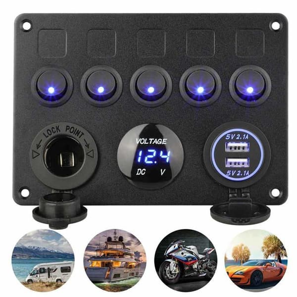 5-gang vippekontaktpanel, vippekontaktpanel, elpanel til båd/bil, vandtæt, 12V/24V