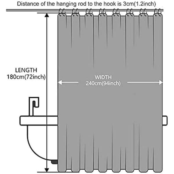 Duschdraperi 240x180 cm, med 16 krokar, extra brett, viktat, mögelresistent, mörkgrått, vattentätt, stort badkarsdraperi, polyester