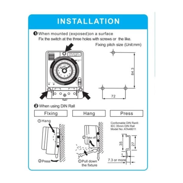 16A Analog Mekanisk Timerkontakt – 100-240V AC Strømforsyning – DIN-skinne Montering – 15 Minutters Programmerbar