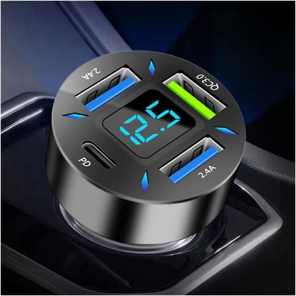66W Hurtig Biloplader USB PD QC3.0 med LED Voltmeter til iPhone Samsung iPad