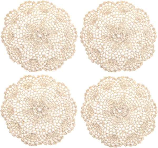 Håndlagde heklede bomullsduker blondebrikker, ca. 20 cm, 4-pakning (beige)