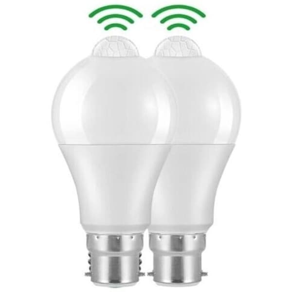 2-pack B22 LED-lampor med rörelsesensor, 12W 1020lm, kallvit 6000K, IP42 vattentät, ej dimbar