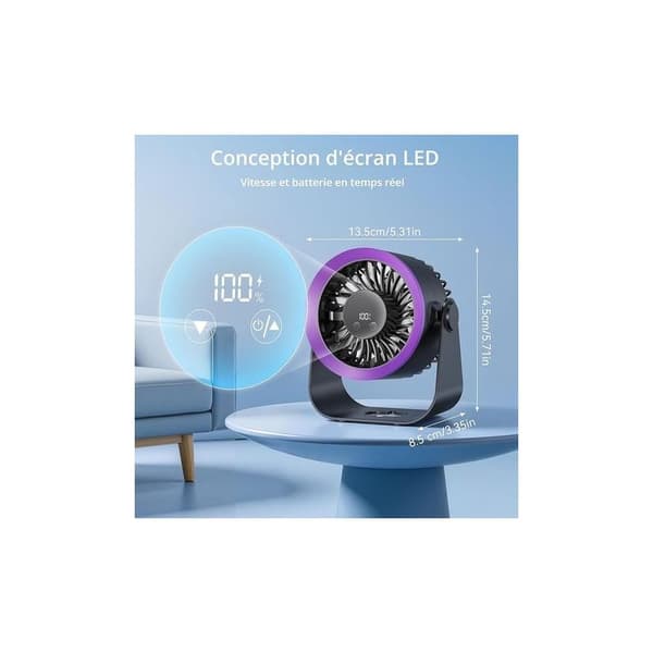 Tyst USB-bordsfläkt – 100 hastigheter, LED-display, 2400mAh, 180° rotation för sovrum & camping