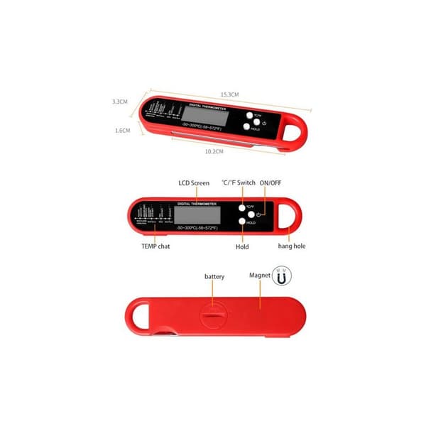 Digitalt køkkentermometer, 180° roterende probe, måler -50 til 300°C, magnet og ophængningshul.