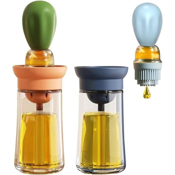 Sæt med 2 oliedispenserflasker med børste, 180 ml glas til madlavning, bagning og grill (orange + blå)