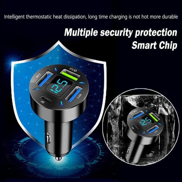 66W Hurtig Biloplader USB PD QC3.0 med LED Voltmeter til iPhone Samsung iPad