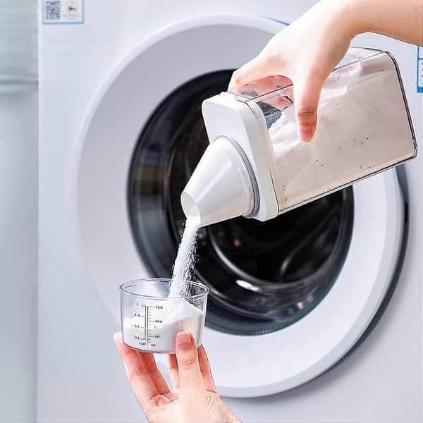 Oppbevaring av vaskepulver - Beholder for vaskemiddeldispenser med målebeger