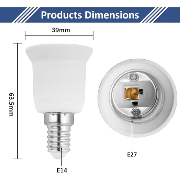 E14 til E27 fatningsadapter, SES til ES fatningskonverter, 0-250V, til E27 pærer, LED pærer, glødepærer, halogenlamper, CFL lamper, pakke med 2