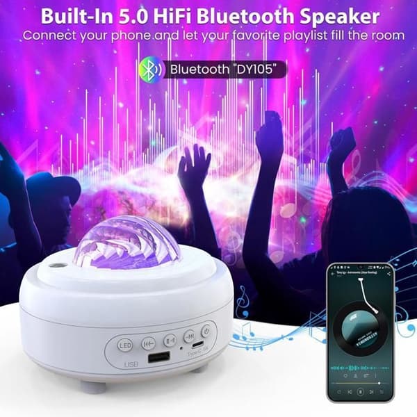 Galakseprojektor med Bluetooth-højttaler, stjernehimmel natlys til soveværelset, 8 lystilstande (hvid)