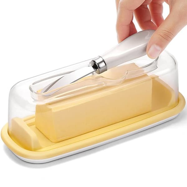 Smørdispenser med låg og kniv, velegnet til bordplader og køleskabe, gul.