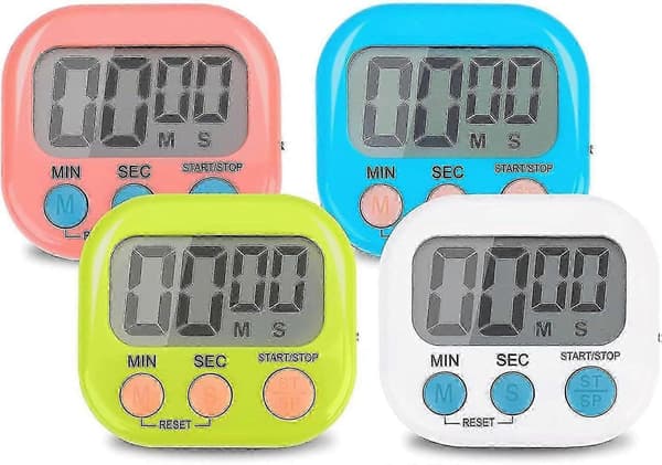 4 stk. farverig magnetisk køkkentimer, digital timer til børns indlæring med LCD-display, magnetisk timer-stopur med alarm til madlavning i køkkenet