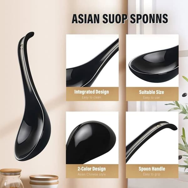 Sæt med 6 suppeskeer, sort keramik, 17 cm, ergonomisk design, til ramen og pho