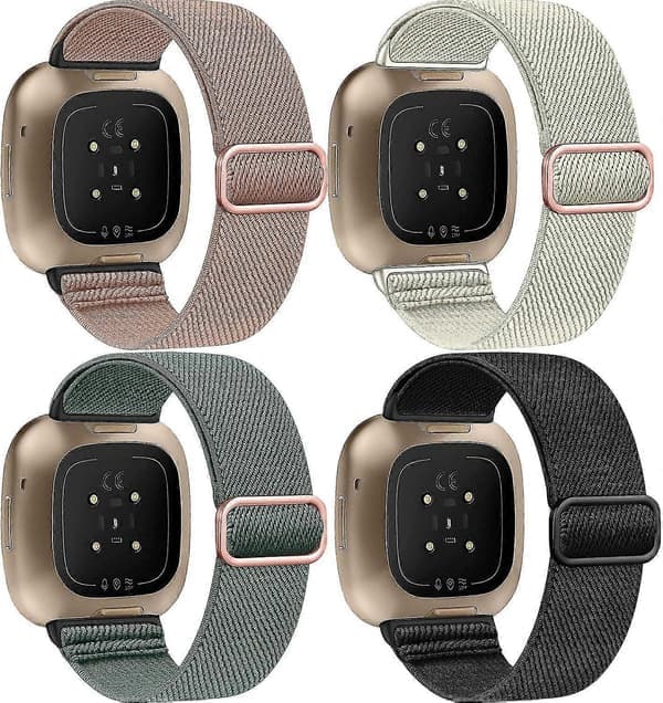 4-pakning elastiske nylonbånd: Fitbit Versa 4/3/Sense, justerbart sportsbånd