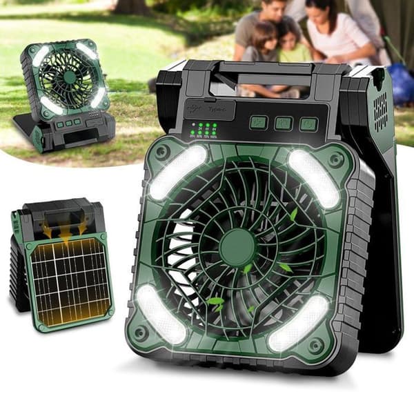 Solarventilator, Genopladelig Campingventilator 10400 mAh, Bærbar Teltventilator med LED-lys, Timer, 4 Hastigheder
